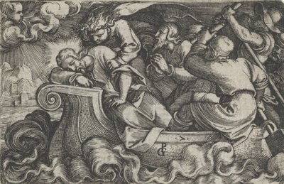 Kristus nukkuu myrskyn aikana Tiberiasjärvellä, Kristuksen tarina, 1534-35. tekijältä Georg Pencz