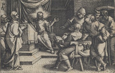 Kristus lääkäreiden kanssa temppelissä, teoksesta The Story of Christ, 1534-35. tekijältä Georg Pencz