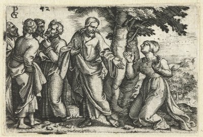Kristus parantaa verta vuotavan naisen Kristuksen elämä (sarjan nimi) tekijältä Georg Pencz
