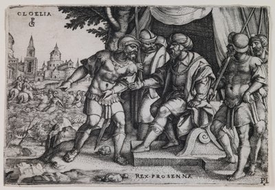 Cloelia ja etruskikuningas Porsenna, noin 1536-37 (kaiverrus). tekijältä Georg Pencz
