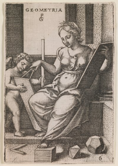 Geometria, sarjasta "Vapaat taidot", noin 1541 (kaiverrus). tekijältä Georg Pencz