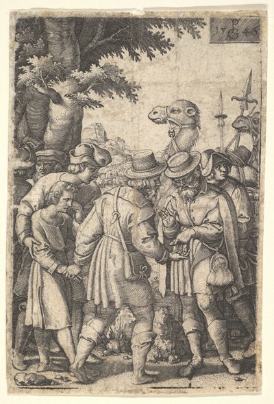 Joosef myi kauppiaille: parrakas mies, joka tarttuu Joosefiin vasemmalla kädellä, saa mukanaan..., 1546. tekijältä Georg Pencz