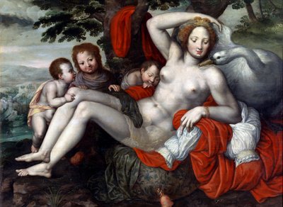 ""Leda ja joutsen"" - Leda ja joutsen, Pencz, Georg (Jorg) (1500/02-1550), 1500-luvun puoliväli. - Öljy puulle, 92x126 - Niittymuseo, Madrid tekijältä Georg Pencz