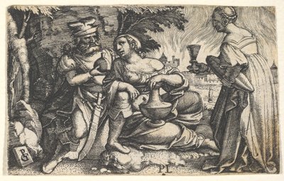 Lot ja hänen tyttärensä: keskellä oleva tytär lepää oikean kätensä Lotsin polvella ja ve..., n. 1531. tekijältä Georg Pencz