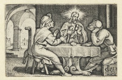 Ruokailu Emmauksessa Kristuksen elämä (sarjan nimi) tekijältä Georg Pencz