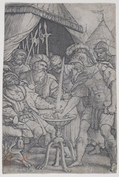 Mucius Scaevola ja Porsenna, Roman Heroesista, 1535, 1535. tekijältä Georg Pencz