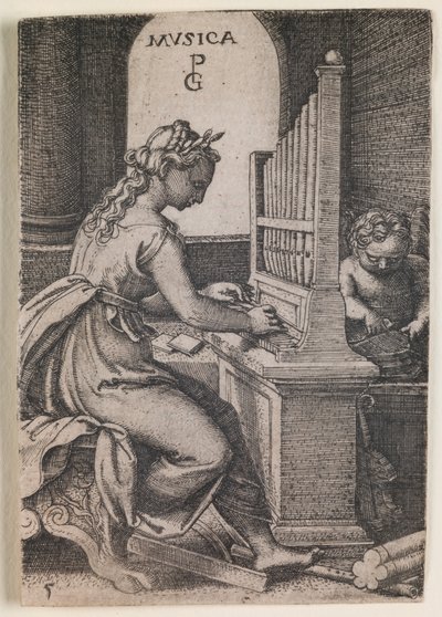 Musica, sarjasta "Vapaat taidot", noin 1541 (kaiverrus). tekijältä Georg Pencz