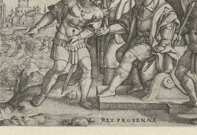 Porsenna kuulee, että Cloelia on paennut Rex Prosenna Cloelia (otsikko esineessä) Tarinoita varhaisen Rooman historiasta (sarjan nimi) tekijältä Georg Pencz