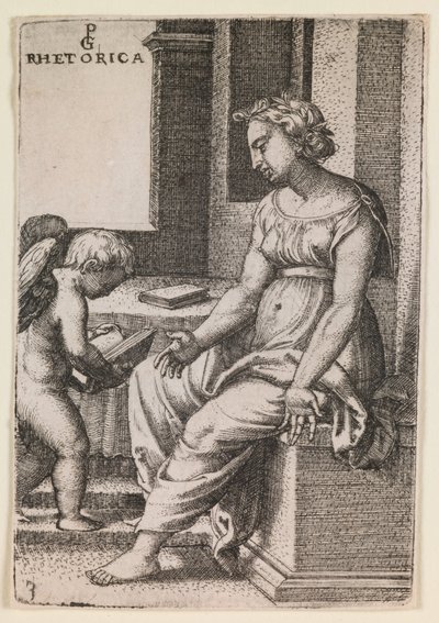 Rhetorica, sarjasta "Vapaat taidot", noin 1541 (kaiverrus). tekijältä Georg Pencz