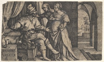 Sarah esittelee Hagaria sängyn juurella istuvalle Abrahamille sarjasta The..., ca. 1543. tekijältä Georg Pencz