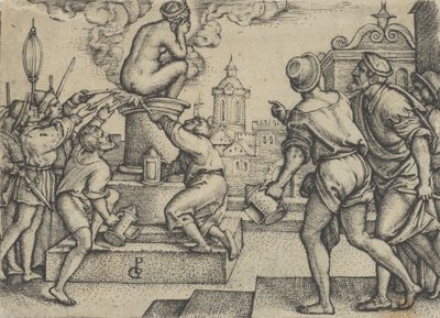 Kurtisaani rangaistaan Tarinasta Taikuri Virgiliasta. tekijältä Georg Pencz