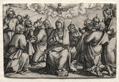 Jeesuksen Kristuksen elämä: Pyhän Hengen laskeutuminen, n. 1534-35. tekijältä Georg Pencz