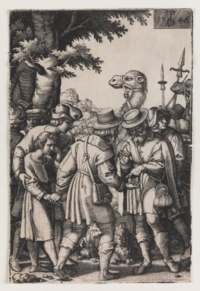 Joosefin tarina, Joseph Being Sold by His Brothers, 1500-luvun alkupuolisko (kaiverrus). tekijältä Georg Pencz