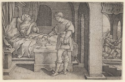 Tobiolus tekee sovitusuhrin, Tobiaksen tarina, 1543. tekijältä Georg Pencz