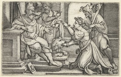 Vrouw verklaart onder ede haar onschuld Mond van de Waarheid Bocca della VeritàVrouw verklaart onder ede haar onschuld Mond van de Waarheid Bocca della Verità tekijältä Georg Pencz