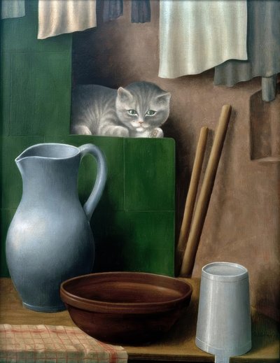 Stilleben mit Katze (Ofenecke) tekijältä Georg Schrimpf