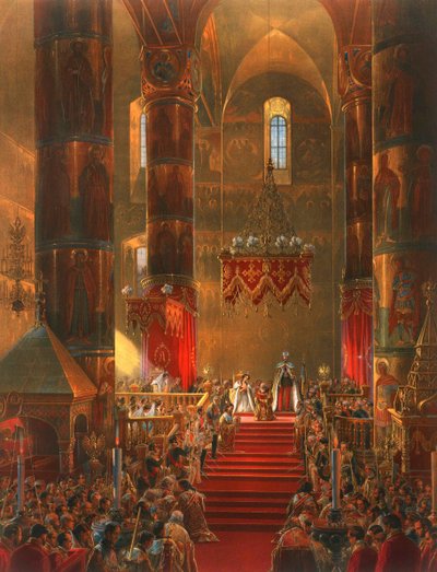 Metropolitan esiintyy tsaari Aleksanteri II:n kruunausseremoniassa Moskovassa 1856. tekijältä Georg Wilhelm Timm