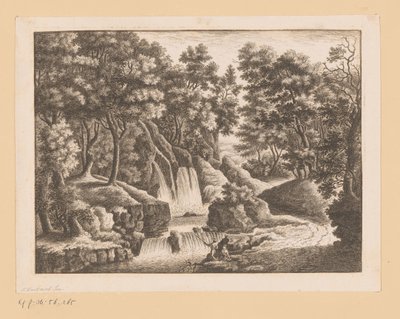 Vesiputous metsässä, jossa kaksi kalastajaa etualalla tekijältä Georg Wolfgang Knorr (possibly)