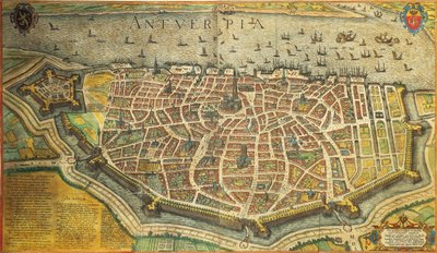 Belgia, Antwerpen, Georg Braun ja Franz Hogenberg Yhdysvalloista, värikaiverrus tekijältä Georg Braun and Hogenberg Franz