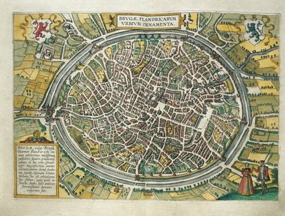 Belgia, Bruggen kartta maailman kaupungeista Georg Braunin (1541-1622) ja Franz Hogenbergin (1540-1590), Köln, kaiverrus tekijältä Georg Braun and Hogenberg Franz