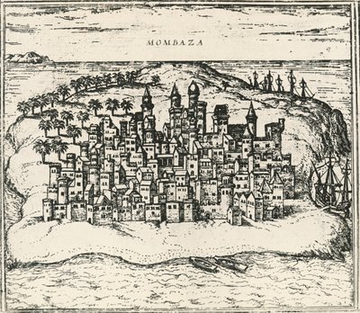 Mombasan kaupunki Keniassa, kaiverrus Civitates Orbis Terrarumista tekijältä Georg Braun and Hogenberg Franz