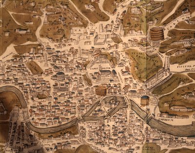 Rooman kaupunki, karttalevy, yksityiskohta Civitates orbis terrarumista, Cities of World, Georg Braun (1541-1622) ja Franz Hogenberg (1535-1590), aktiivinen Kölnissä, kaiverrus, Italia tekijältä Georg Braun and Hogenberg Franz