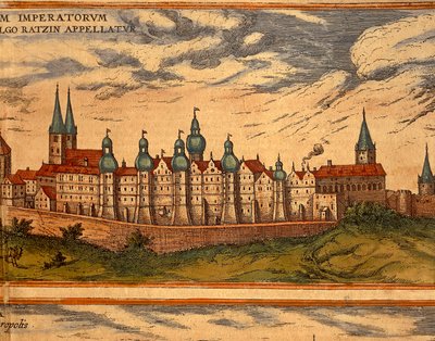 Tšekki, Praha, Näkymä palatsille, Georg Braunin (1541-1622) ja Franz Hogenbergin (1535-1590) värikaiverrus Civitates Orbis Terrarumista tekijältä Georg Braun and Hogenberg Franz