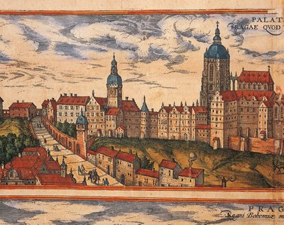 Tšekki, Praha, Näkymä linnoitukselle, Georg Braunin (1541-1622) ja Franz Hogenbergin (1535-1590) värikaiverrus Civitates Orbis Terrarumista tekijältä Georg Braun and Hogenberg Franz