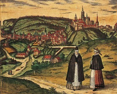 Tšekki, Praha, Näkymä kaupunkiin ja linnoitus taustalla, Georg Braunin (1541-1622) ja Franz Hogenbergin (1535-1590) värikaiverrus Civitates Orbis Terrarumista tekijältä Georg Braun and Hogenberg Franz