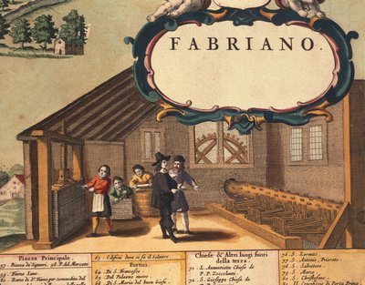 Yksityiskohta Fabrianon kaupungin paperiteollisuudesta, kirjoittanut Georg Braun tekijältä Georg Braun and Hogenberg Franz