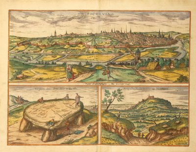 Dolmen lähellä Poitiersia ja Poitiersin ja Montherren kaupunki Georg Braunin Civitates Orbis Terrarumilta tekijältä Georg Braun and Hogenberg Franz