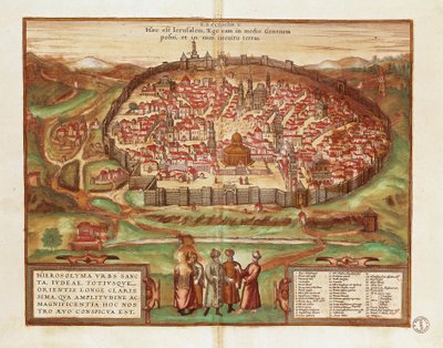 Israel ja Palestiina, Jerusalemin kaupunki, Georg Braun ja Franz Hogenberg, Civitates Orbis Terrarumilta, värikaiverrus tekijältä Georg Braun and Hogenberg Franz