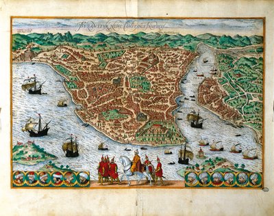 Italia, Milano, Georg Braunin (1541-1622) ja Franz Hogenbergin (1535-1590) perspektiivikuva Konstantinpolen kaupungista, värikaiverrus tekijältä Georg Braun and Hogenberg Franz