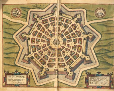 Italia, Palmanova, kartta, kaiverrus Civitates Orbis Terrarumista, Georg Braun ja Franz Hogenberg, aktiivinen Kölnissä tekijältä Georg Braun and Hogenberg Franz