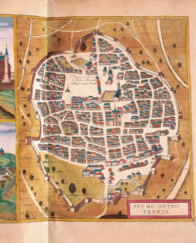 Italia, Sulmona, Sulmonan kaupunki Georg Braunin ja Franz Hogenbergin Civitates Orbis Terrarumista, kaiverrus tekijältä Georg Braun and Hogenberg Franz