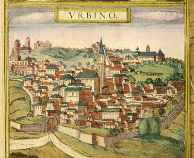 Italia, Urbino, Kaupunkinäkymä, Georg Braunin (1541-1622) ja Franz Hogenbergin (1535-1590) värikaiverrus Civitates Orbis Terrarumista tekijältä Georg Braun and Hogenberg Franz