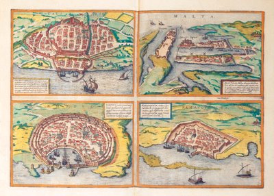 Georg Braunin Cagliarin, Maltan, Rodoksen ja Famagustan kartta maailmankaupungeista tekijältä Georg Braun and Hogenberg Franz