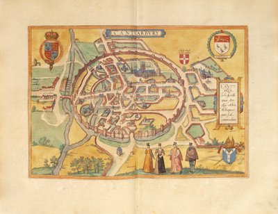 Canterburyn kartta Civitates Orbis Terrarumilta, kirjoittanut Georg Braun tekijältä Georg Braun and Hogenberg Franz