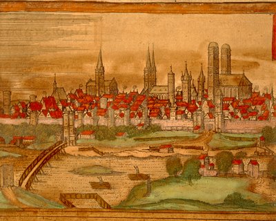 Mapa de Munic de Civitates Orbis Terrarum de Georg Braunfinnish tekijältä Georg Braun and Hogenberg Franz