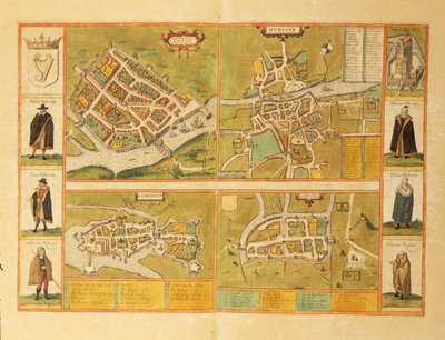 Galwayn, Dublinin, Limerickin ja Corkin kartta Civitates Orbis Terrarumilta, kirjoittanut Georg Braun tekijältä Georg Braun and Hogenberg Franz