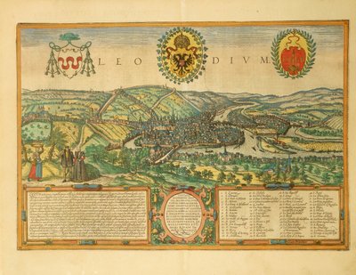 Liègen kartta Civitates Orbis Terrarumilta, kirjoittanut Georg Braun tekijältä Georg Braun and Hogenberg Franz