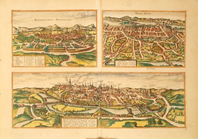 Georg Braunin kartta Montpellieristä, Toursista ja Poitiersista Civitates Orbis Terrarumilta tekijältä Georg Braun and Hogenberg Franz