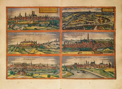 Münchenin, Ingolstadtin, Freisingin, Nordlingenin, Regensburgin ja Straubingin kartta, Saksa, Georg Braunin Civitates Orbis Terrarumilta tekijältä Georg Braun and Hogenberg Franz