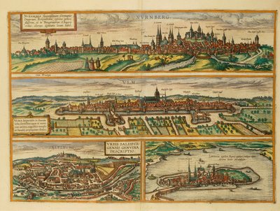 Georg Braunin Nürnbergin, Ulmin, Salzburgin ja Lindaun kartta Civitates Orbis Terrarumilta tekijältä Georg Braun and Hogenberg Franz