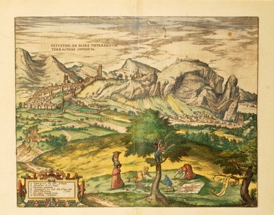 Lazion alueen Terracinan kartta Civitates Orbis Terrarumilta, kirjoittanut Georg Braun tekijältä Georg Braun and Hogenberg Franz