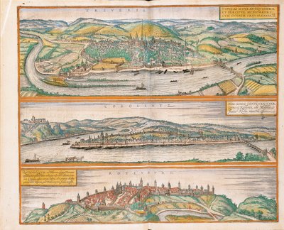Trierin, Koblenzin ja Rothenburgin kartta Civitates Orbis Terrarumilta, kirjoittanut Georg Braun tekijältä Georg Braun and Hogenberg Franz