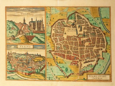 Urbinon ja Sulmonan kartta Italiassa, Georg Braunin Civitates Orbis Terrarumilta tekijältä Georg Braun and Hogenberg Franz