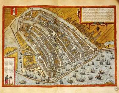 Alankomaat, Georg Braunin (1541-1622) ja Franz Hogenbergin (1535-1590) Civitates Orbis Terrarumin Amsterdamin kartta, kaiverrus tekijältä Georg Braun and Hogenberg Franz