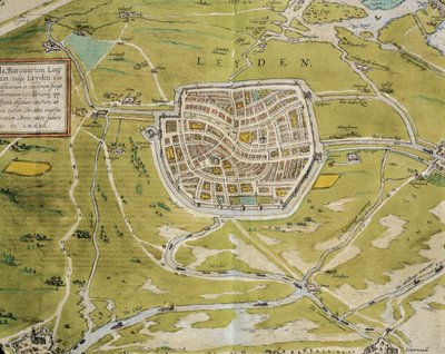 Alankomaat, Leidenin kaupungin ja alueen kartta Georg Braunin (1541-1622) ja Franz Hogenbergin (1540-1590) Civitates Orbis Terrarumista, Köln, kaiverrus tekijältä Georg Braun and Hogenberg Franz