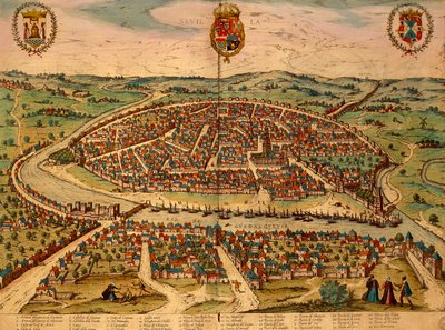 Espanja, Sevilla, Kaupunkinäkymä, Georg Braunin (1541-1622) ja Franz Hogenbergin (1535-1590) värikaiverrus Civitates Orbis Terrarumista tekijältä Georg Braun and Hogenberg Franz